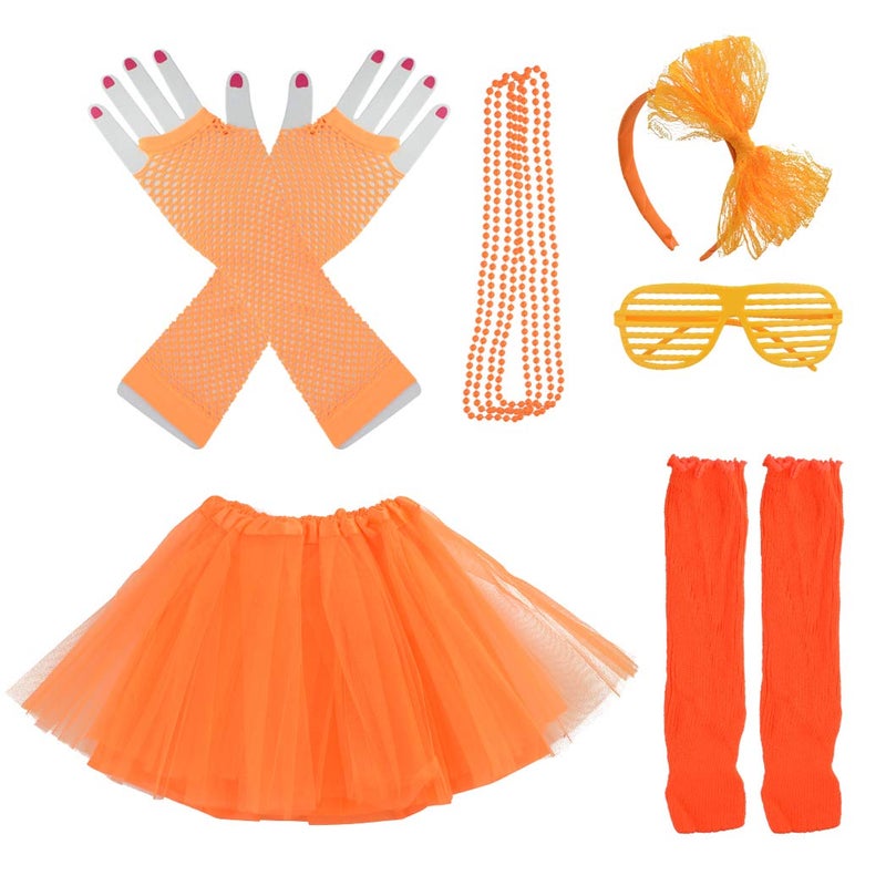 Miayon 1980s Fancy Outfits Dress Costume Accessories for Girl Kids Halloween Orange - Image 1